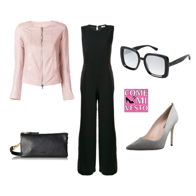 giacca in pelle rosa abbinato a tuta nera e scarpe con tacco